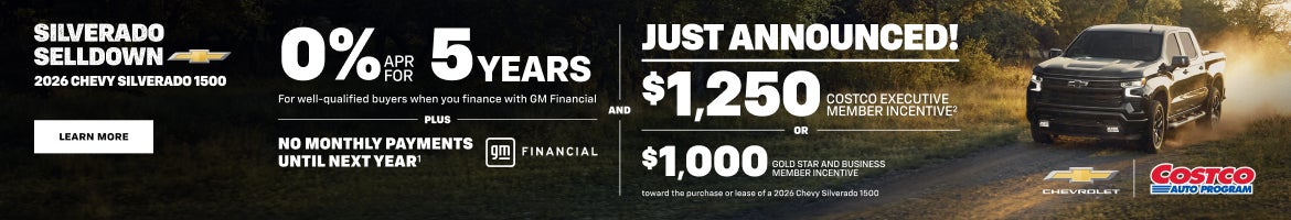 2026 Chevy Silverado 1500. 0% APR for 5 years for well qualified buyers when you finance with GM ...